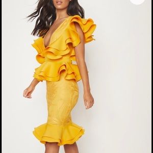 Mustard Yellow Ruffle Plunge Midi Dress(Not Worn)